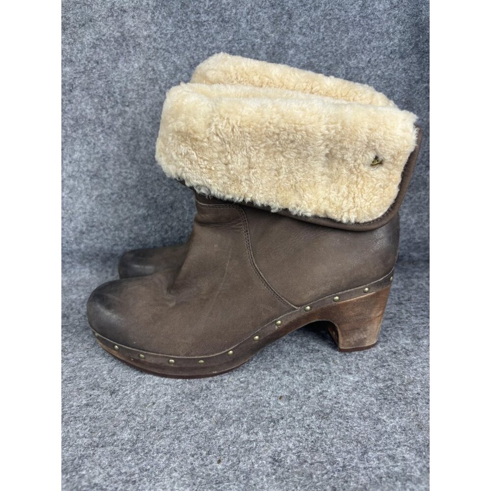 UGG Boots Womens Size 9 Brown Leather Shearling Clog Studded Mid Calf 3207